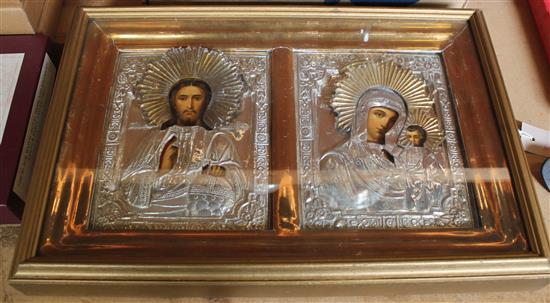 Pair of Russian icons in single giltwood frame and later box frame